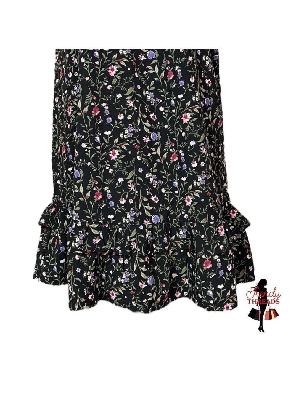 French Grey NEW One Shoulder Ruffle Dress Medium Large Dark Floral Black Boho - Picture 3 of 8